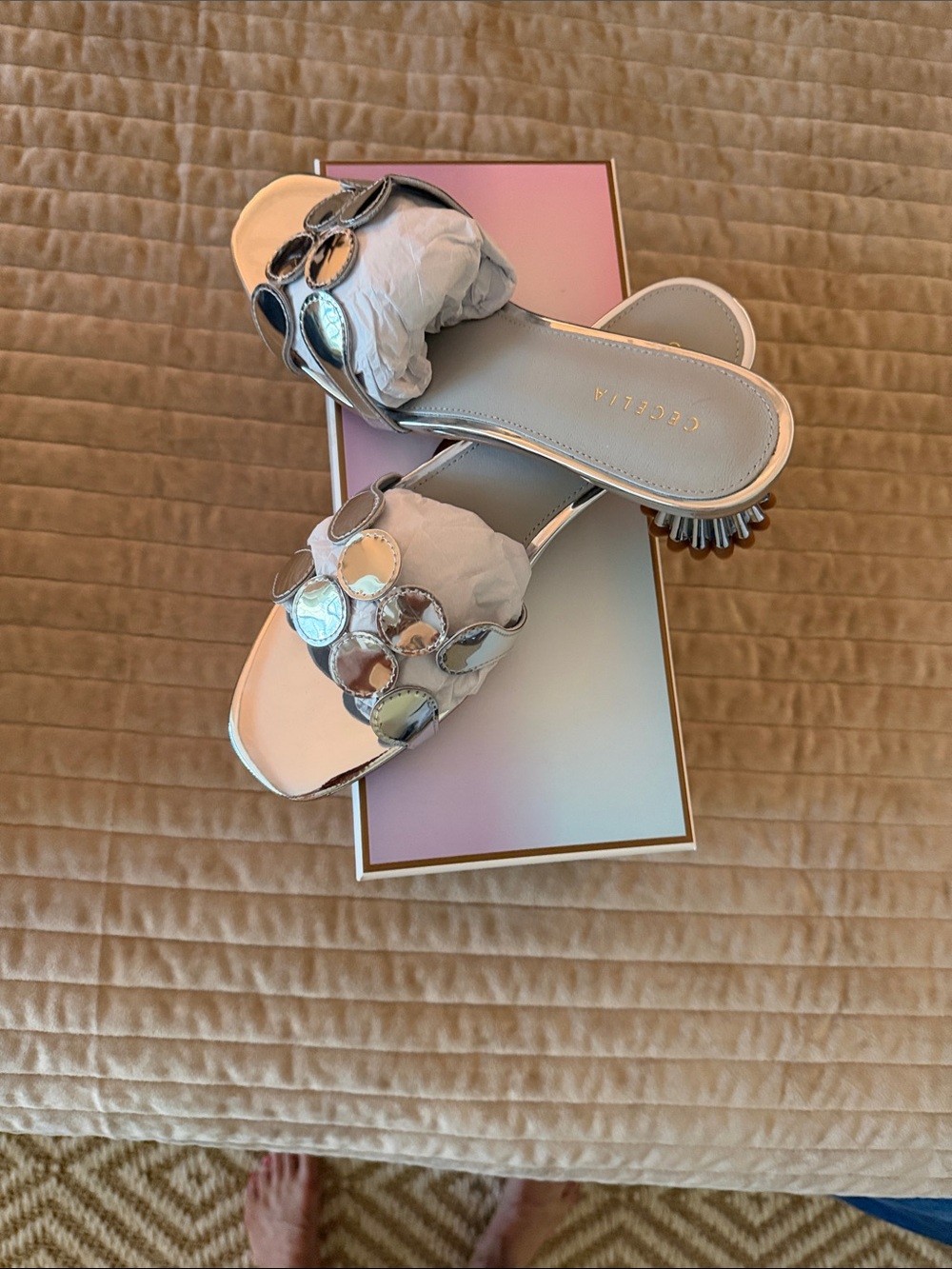 CECELIA NEW YORK Silver Mirror-Disc Slide Sandals